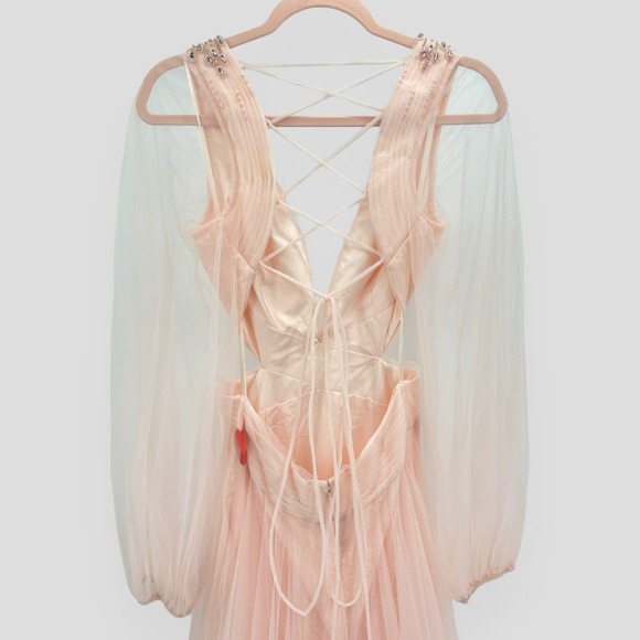 Mac Duggal NEW Tulle Sheer Long Sleeve Cut Out Lace Up A-line Gown Blush Size 6 - Picture 14 of 16
